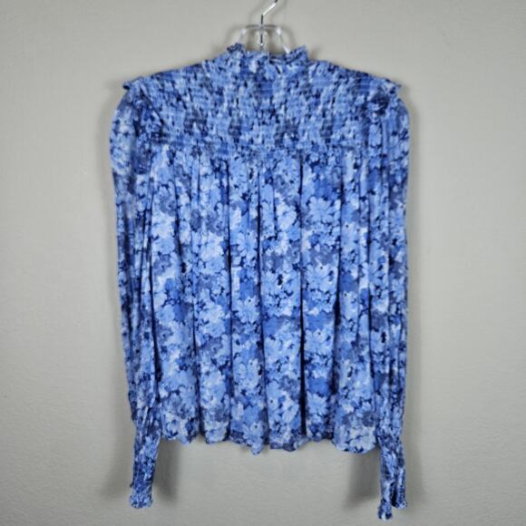 & OTHER STORIES Smocked A-Line Blouse Blue Floral Cottage Boho Chic Sheer Size 4 - Picture 5 of 14